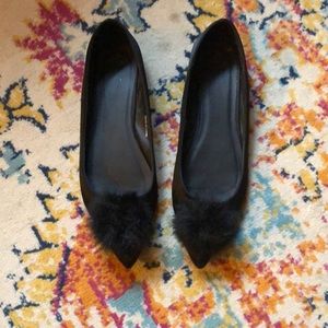 ASOS Black Sateen flats with furry pompon Size 8